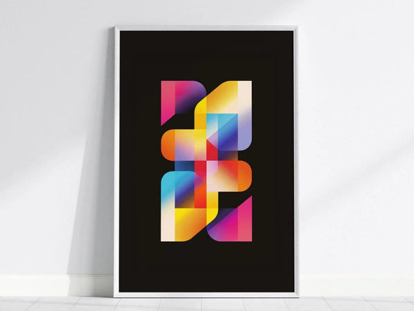 Framed poster featuring colorful geometric shapes on a black background, showcasing vibrant gradients of pink, blue, yellow, and orange. The design is modern and visually striking.