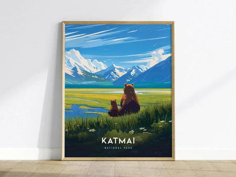 Illustration of two brown bears sitting in grass, overlooking a vibrant landscape with mountains and a blue sky. The text Katmai National Park is displayed at the bottom.