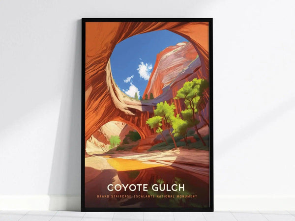 Framed poster of Coyote Gulch featuring vibrant red canyon walls, a bright blue sky, and green trees. The text reads Coyote Gulch, Grand Staircase–Escalante National Monument.