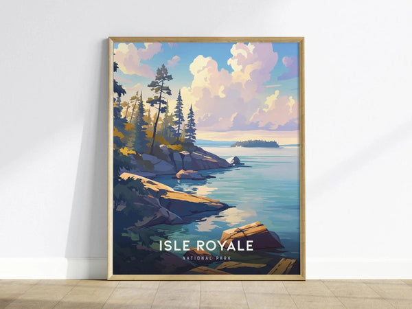 Framed poster of Isle Royale National Park featuring a serene landscape with rocky shorelines, tall trees, and a tranquil lake under a vibrant sky, leaning against a white wall.
