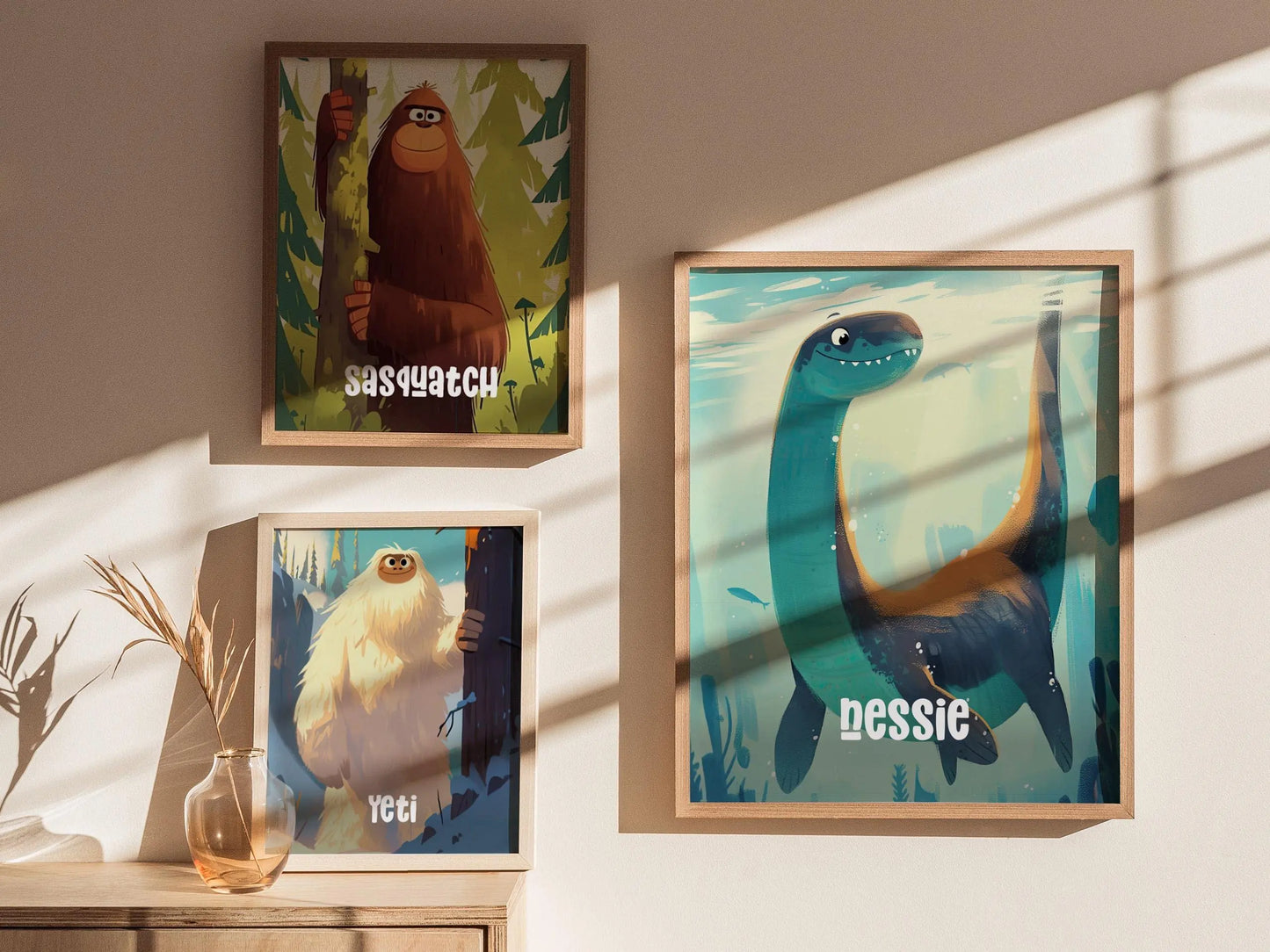 Nessie Cute Cryptids Wall Art Series | Loch Ness Monster Kids Room Framed Poster | Children's Illustration Toddler Boys Bedroom Nursery Print Set