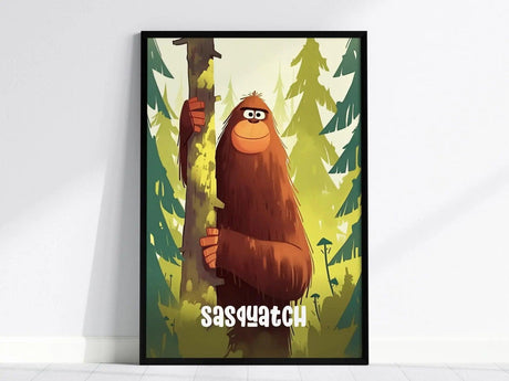 A framed poster featuring a cute Sasquatch peeking from behind a tree amidst a vibrant forest scene, with the word Sasquatch in playful white text at the bottom.
