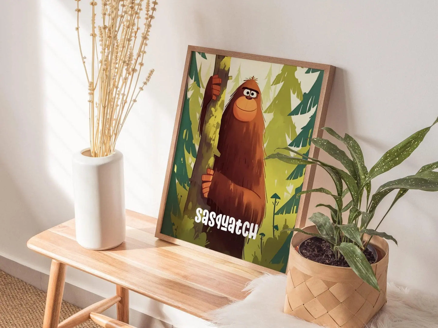 Sasquatch Cute Cryptids Wall Art Series | Bigfoot Kids Room Framed Poster| Children's Illustration Toddler Boys Bedroom Nursery Print