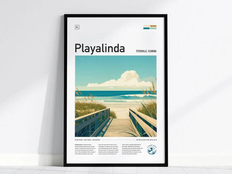 A framed poster of Playalinda Beach features an illustration of a sandy boardwalk leading to the ocean, surrounded by dunes and grasses under a partly cloudy sky.