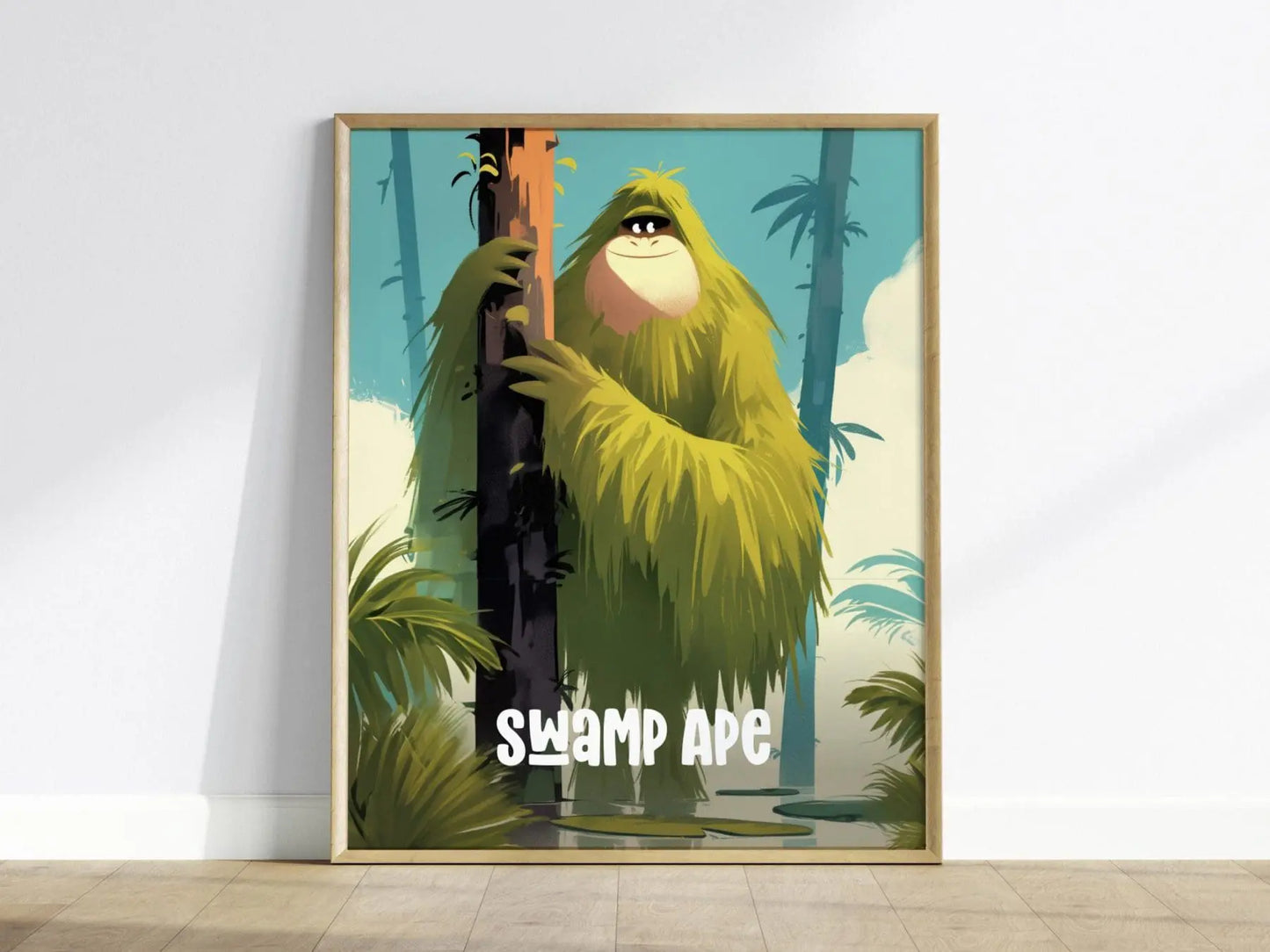 Swamp Ape Cute Cryptids Wall Art Series | Florida Bigfoot Kids Room Framed Poster | Children's Illustration Toddler Boys Bedroom Nursery Print