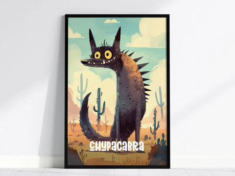 Framed poster featuring a cartoonish Chupacabra with wide eyes and spikes, set against a desert landscape with cacti and warm tones. The word Chupacabra is displayed at the bottom.