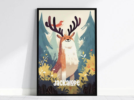 A whimsical jackalope with large antlers and a friendly smile stands in a forest setting with colorful foliage and a small bird perched on its antlers.