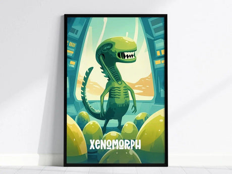 A framed poster features a cute, cartoonish green alien xenomorph surrounded by glowing eggs in a futuristic setting, with the word Xenomorph at the bottom.