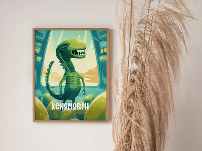 Xenomorph Cute Cryptid Series | Kids Room Alien Framed Poster Art | Toddler Boys Bedroom Child's Nursery Print | Mythical Lore Cryptozoology Decor Set