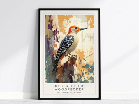A framed poster of a Red-Bellied Woodpecker with a vibrant red crown and zebra-striped back, set against a colorful abstract background, stands on a light-colored floor.
