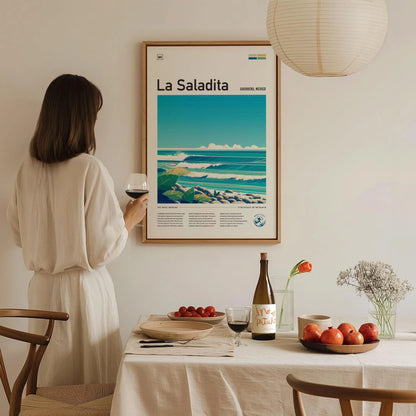 La Saladita Mexico Surf Spot Framed Poster | Guerrero Longboard Surfing Wave Wall Art | Mexi Log Fest Travel Print | Minimalist Style Design Surfer Gift