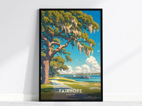 Framed poster featuring a scenic view of Fairhope, Alabama, with a large oak tree draped in Spanish moss, overlooking a waterfront with sailboats and a bright blue sky.