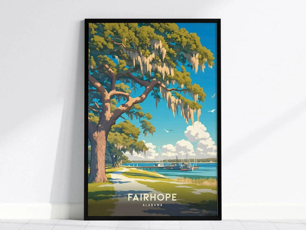 Framed poster featuring a scenic view of Fairhope, Alabama, with a large oak tree draped in Spanish moss, overlooking a waterfront with sailboats and a bright blue sky.