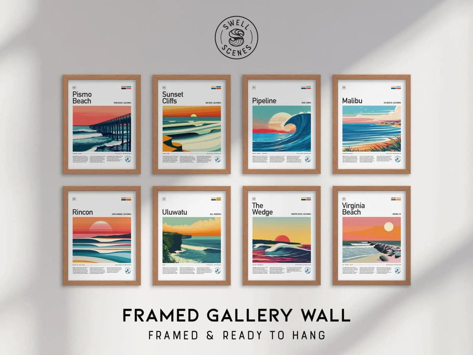 Surf Series Art Gallery Wall FRAMED or UNFRAMED Pick 8 Iconic Wave Travel Poster Set Surfer Gift Surfing Beach Vibes | Swell Scenes | S8-2 - Swell Scenes