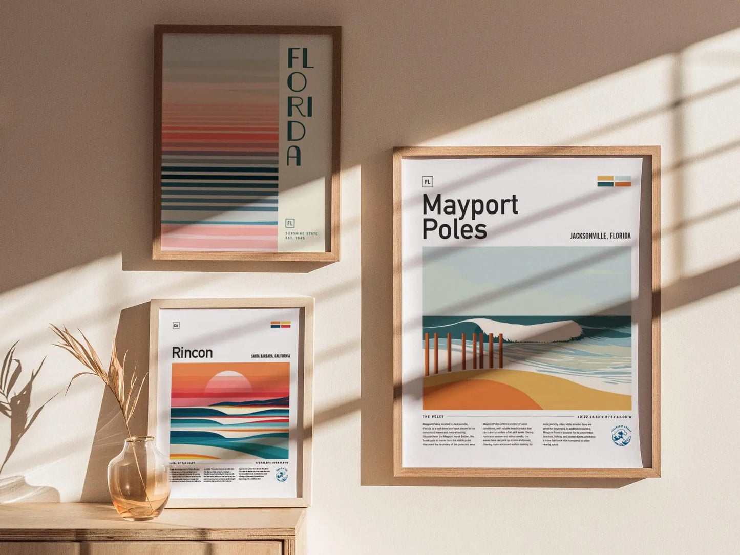 Mayport Poles Jacksonville Surf Spot Framed Poster | Jax Beach Florida Wave Wall Art | FL Travel Print Surfer Decor | Minimalist Design Surfing Gift