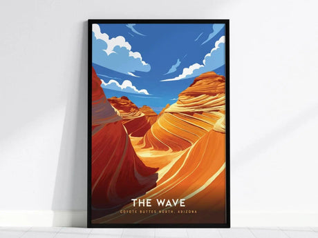 A framed poster of The Wave at Coyote Buttes, Arizona, featuring swirling sandstone formations under a vibrant blue sky with clouds. Text at the bottom reads The Wave.