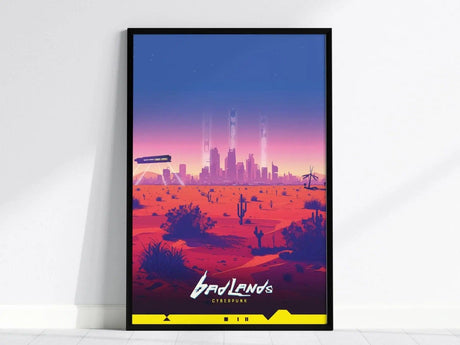 Framed poster depicting a cyberpunk desert landscape with cacti, a futuristic city skyline, and a hovering vehicle under a vibrant sunset sky. The text Badlands Cyberpunk is visible below.