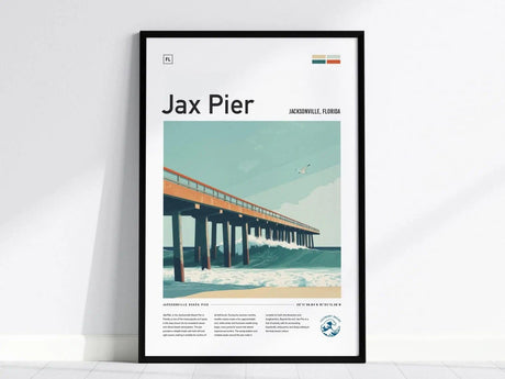 Framed poster of Jax Pier in Jacksonville, Florida, featuring an illustration of the pier extending over ocean waves with a seagull in flight under a clear sky.