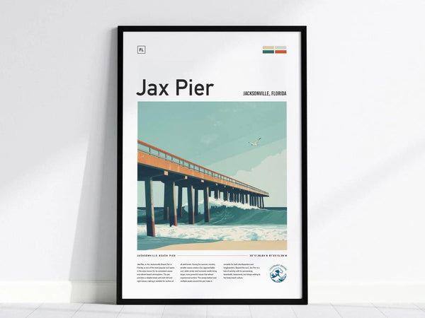 Framed poster of Jax Pier in Jacksonville, Florida, featuring an illustration of the pier extending over ocean waves with a seagull in flight under a clear sky.