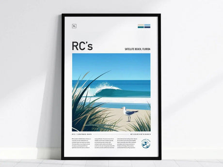 A framed poster featuring a minimalist design of RCs Surf Spot in Satellite Beach, Florida. It depicts ocean waves, coastal grasses, and a seagull on the sandy shore.