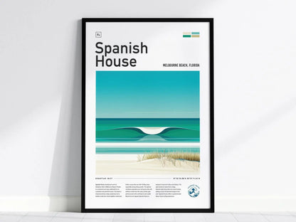 Spanish House Florida Surf Spot Framed Poster | Melbourne Beach Sebastian Inlet FL Wave Travel Print | Surfing Wall Art Modern Decor | Minimalist Design Surfer Gift