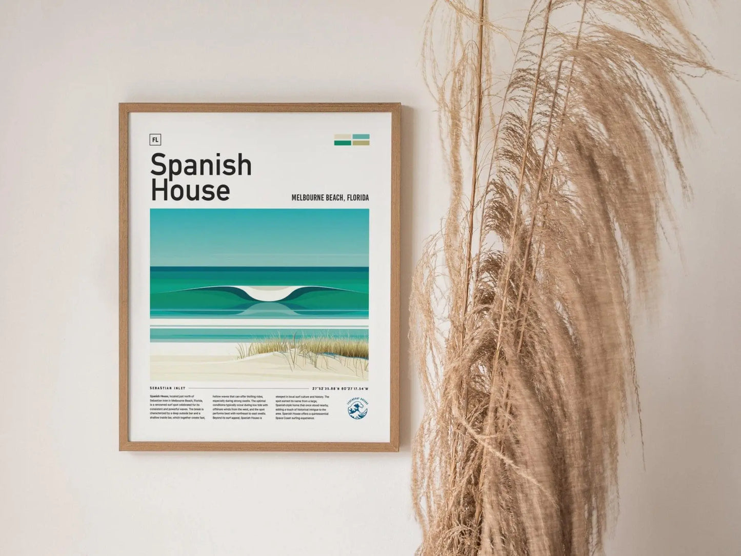 Spanish House Florida Surf Spot Framed Poster | Melbourne Beach Sebastian Inlet FL Wave Travel Print | Surfing Wall Art Modern Decor | Minimalist Design Surfer Gift