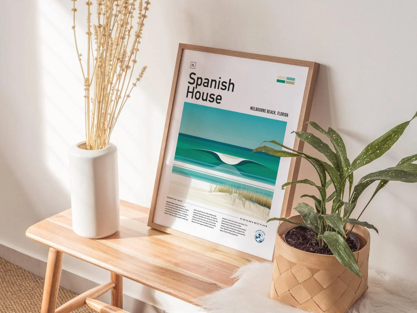 Spanish House Florida Surf Spot Framed Poster | Melbourne Beach Sebastian Inlet FL Wave Travel Print | Surfing Wall Art Modern Decor | Minimalist Design Surfer Gift