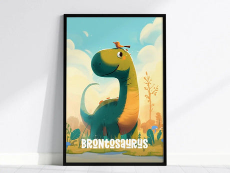 Framed poster featuring a cute green Brontosaurus smiling with a cheerful bird on its head, set against a whimsical landscape with clouds and trees. The word Brontosaurus is displayed below.