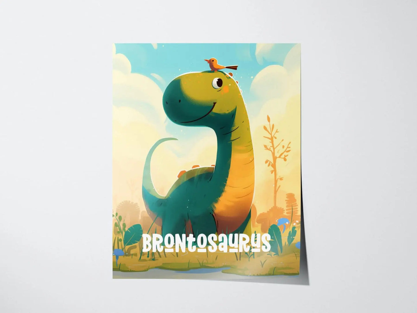 Brontosaurus Dinosaur Kids Bedroom Framed Wall Art | Friendly Dino Theme Nursery Print | Jurassic Sauropod Boys Room Poster | Prehistoric Toddler Home Decor Illustration