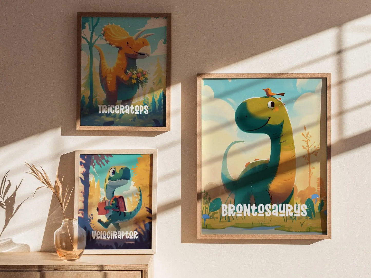 Brontosaurus Dinosaur Kids Bedroom Framed Wall Art | Friendly Dino Theme Nursery Print | Jurassic Sauropod Boys Room Poster | Prehistoric Toddler Home Decor Illustration