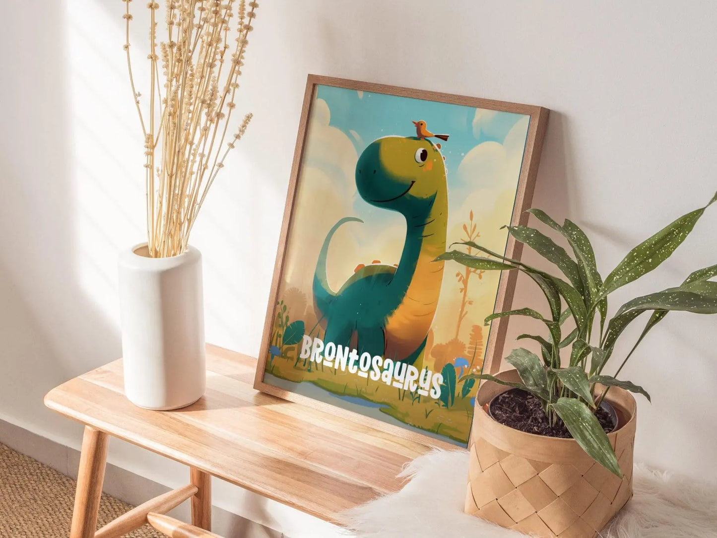 Brontosaurus Dinosaur Kids Bedroom Framed Wall Art | Friendly Dino Theme Nursery Print | Jurassic Sauropod Boys Room Poster | Prehistoric Toddler Home Decor Illustration