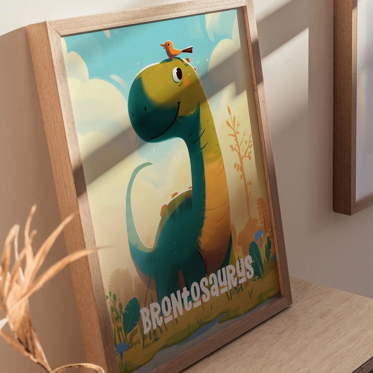 Brontosaurus Dinosaur Kids Bedroom Framed Wall Art | Friendly Dino Theme Nursery Print | Jurassic Sauropod Boys Room Poster | Prehistoric Toddler Home Decor Illustration