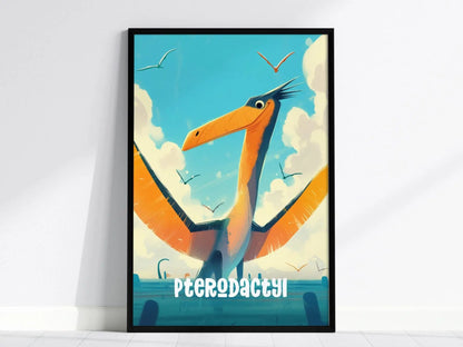 Pterodactyl Dinosaur Kids Bedroom Framed Wall Art | Friendly Dino Theme Nursery Print | Jurassic Boys Room Poster | Prehistoric Toddler Home Decor Illustration