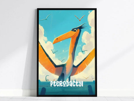 A framed poster features a colorful, cartoon Pterodactyl with wide wings against a blue sky with clouds and birds, with the word PTERODACTYL at the bottom.
