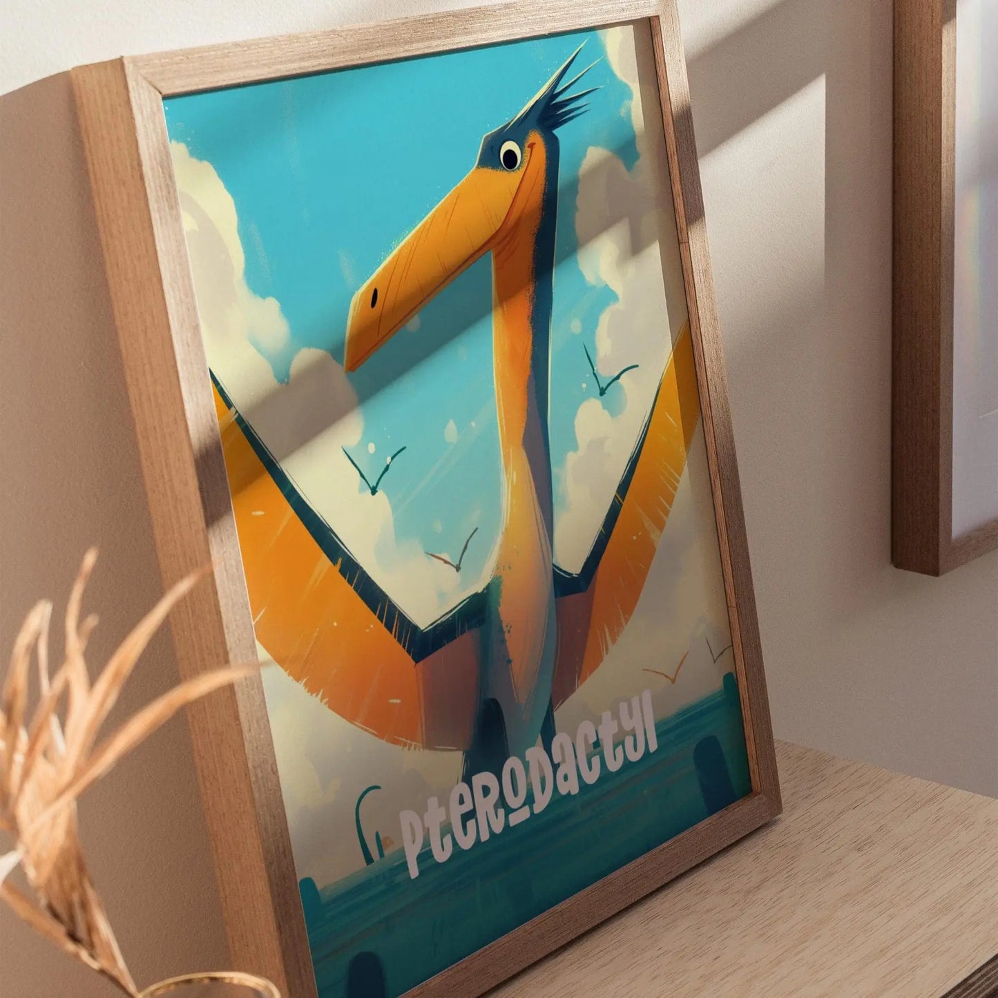 Pterodactyl Dinosaur Kids Bedroom Framed Wall Art | Friendly Dino Theme Nursery Print | Jurassic Boys Room Poster | Prehistoric Toddler Home Decor Illustration