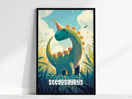 A framed poster depicts a cheerful, cartoon-style Stegosaurus wearing a party hat, surrounded by colorful foliage and a bright sky, with Stegosaurus written at the bottom.