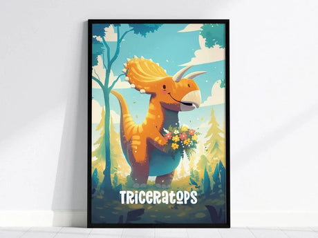 A framed poster features a cheerful cartoon triceratops holding a bouquet of colorful flowers in a whimsical forest setting under a bright blue sky.