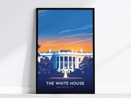 A framed poster of the White House in Washington, D.C., featuring vibrant blue and orange hues with bold, clean lines. The text reads The White House at the bottom.