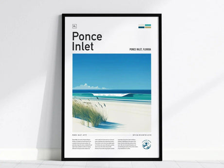 Framed poster of Ponce Inlet, Florida, featuring a minimalist illustration of dunes and waves under a clear blue sky. The design captures the serene coastal landscape.