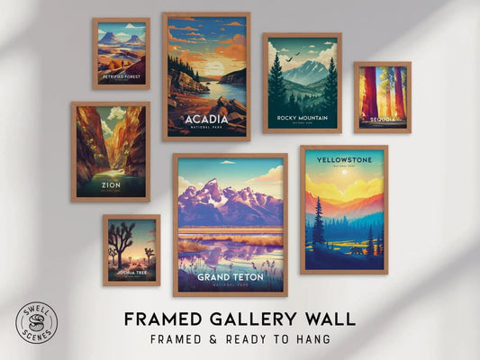 National Parks Gallery Wall FRAMED or UNFRAMED Choose 8 Iconic Nature Lover Poster Set Hiker Gift Outdoors Art Series | Swell Scenes | S8-4