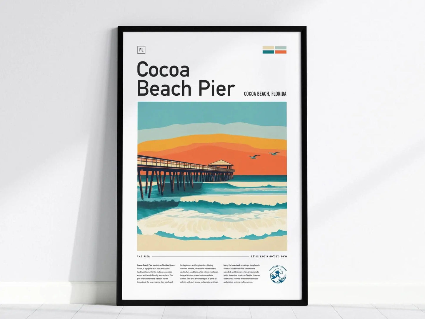 Cocoa Beach Pier Florida Surf Spot Framed Poster | Ron Jon Wave FL Travel Print | Kelly Slater Surfing Beach House Decor | Minimalist Design Surfer Gift