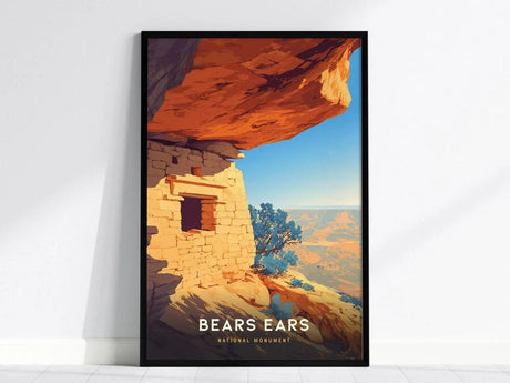 Framed poster depicting Bears Ears National Monument features vibrant red sandstone cliffs and ancient ruins under a clear blue sky. The text Bears Ears National Monument is visible at the.