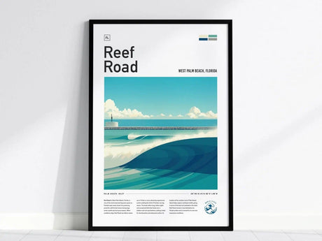 Framed poster featuring a minimalist illustration of a wave at Reef Road, West Palm Beach, Florida, with layered blues, a lighthouse, and text details.