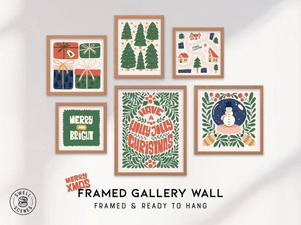 Holiday gallery wall set of 6 with winter Christmas prints arranged above console table