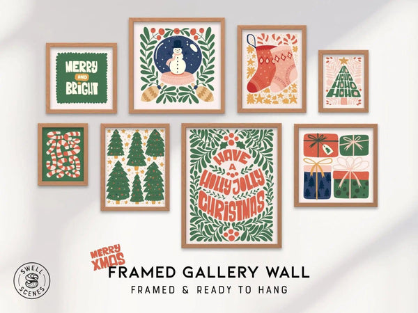Holiday gallery wall set of 8 with coordinated Christmas prints in modern living room