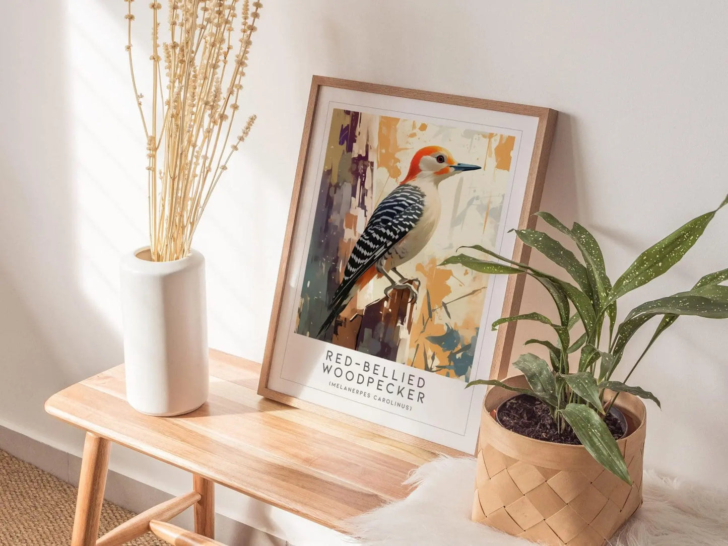 Red-bellied Woodpecker Bird Lover Modern Framed Poster | Cottagecore Audubon Wildlife Wall Art | Rustic Farmhouse Nature Decor Print