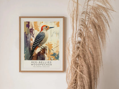 Red-bellied Woodpecker Bird Lover Modern Framed Poster | Cottagecore Audubon Wildlife Wall Art | Rustic Farmhouse Nature Decor Print