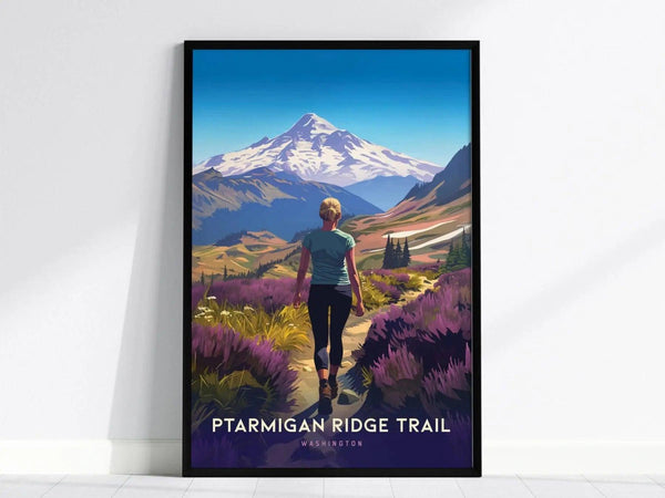 A framed poster of Ptarmigan Ridge Trail shows a hiker walking through colorful wildflower meadows with Mt. Bakers snowy peak in the background under a clear blue sky.