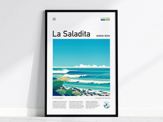 La Saladita Mexico Surf Spot Framed Poster | Guerrero Longboard Surfing Wave Wall Art | Mexi Log Fest Travel Print | Minimalist Style Design Surfer Gift