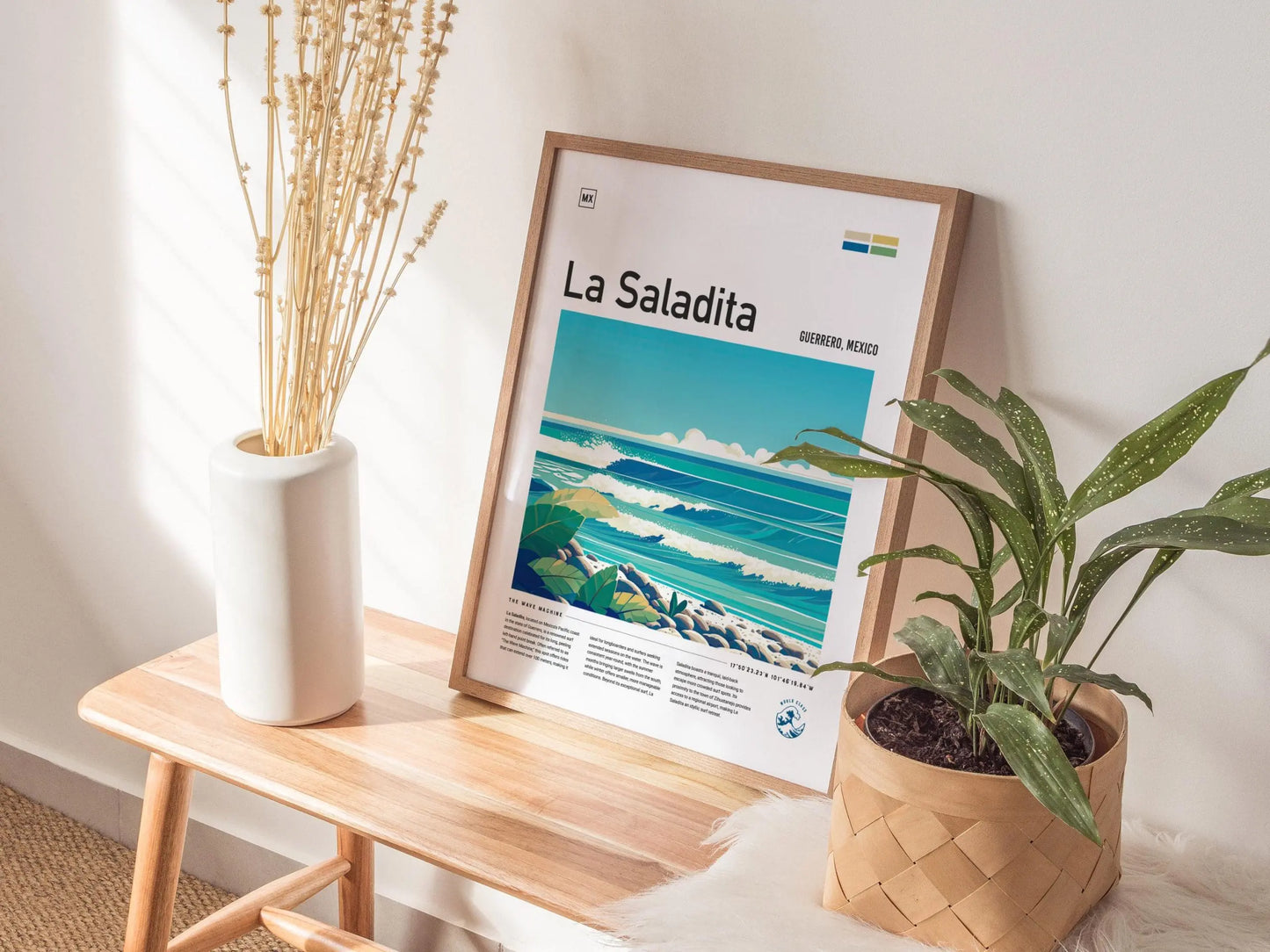 La Saladita Mexico Surf Spot Framed Poster | Guerrero Longboard Surfing Wave Wall Art | Mexi Log Fest Travel Print | Minimalist Style Design Surfer Gift